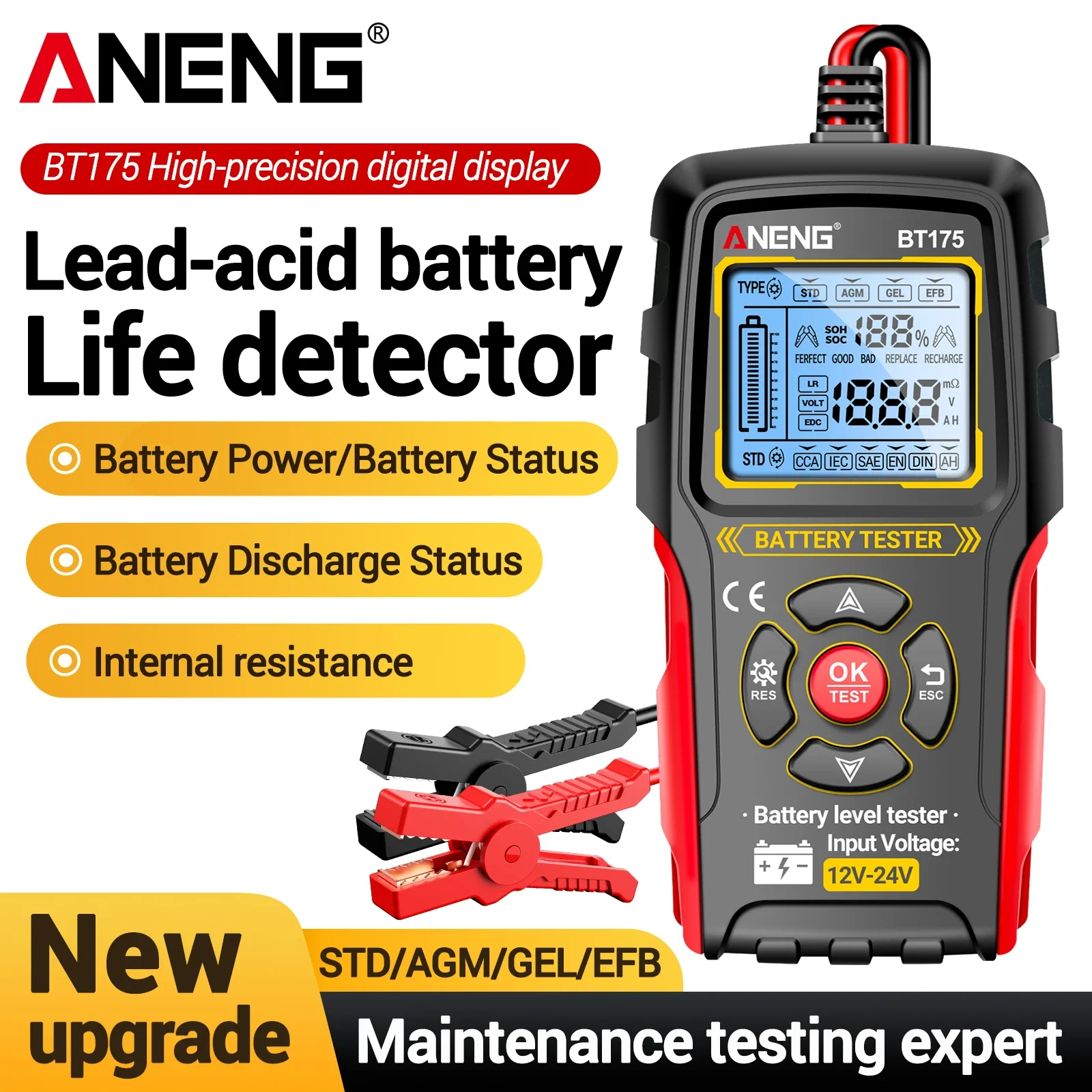 ANENG BT175 universal battery tester does not require power supply 8-36V 12V/24V lead-acid battery CCA capacity life tester
ANENG BT175 universal battery tester does not require power supply 8-36V 12V/24V lead-acid battery CCA capacity life tester