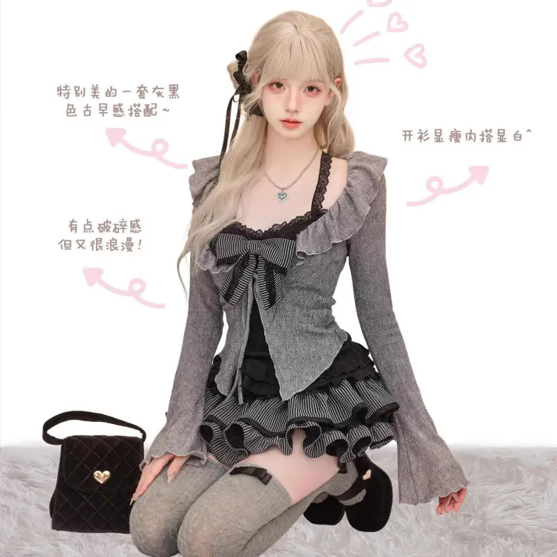 Милая черная юбка Лолиты, винтажные костюмы, женский кардиган + топы с кружевным бантом + клетчатая мини-юбка, корейский элегантный комплект из трех предметов, уличный комплект
Милая черная юбка Лолиты, винтажные костюмы, женский кардиган + топы с кружевным бантом + клетчатая мини-юбка, корейский элегантный комплект из трех предметов, уличный комплект