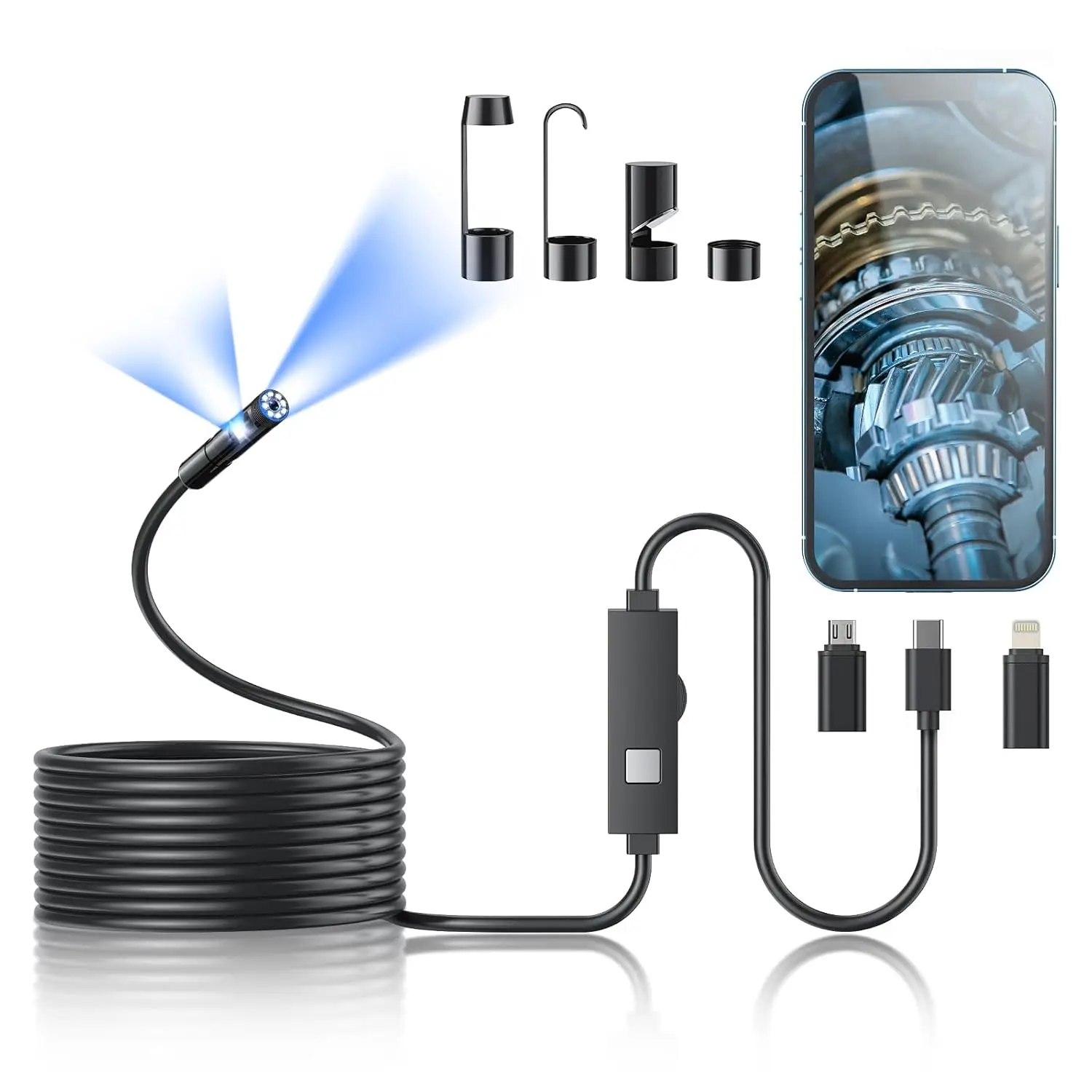 Endoscope Camera with Light,1920P HDBorescopeToolswithEDL,IP67 WaterproofInspection Borescopefor iOS andAndroid-16.4ft Dual-Lens 
Endoscope Camera with Light,1920P HDBorescopeToolswithEDL,IP67 WaterproofInspection Borescopefor iOS andAndroid-16.4ft Dual-Lens