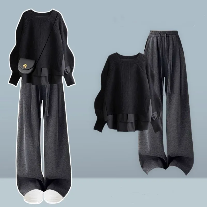 Women 2025 Autumn/Winter New Chic Tracksuit Matching Set Korean Elegant Fake 2-piece Long-sleeve Knit Sweater+Casual Pants Suit 
Women 2025 Autumn/Winter New Chic Tracksuit Matching Set Korean Elegant Fake 2-piece Long-sleeve Knit Sweater+Casual Pants Suit