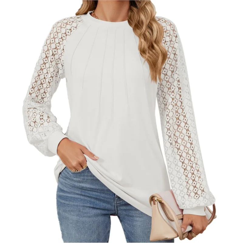 Fashionable Women Shirt White Shirt Autumn Women's Long Sleeved Top Round Neck Lace Sleeve Pleated Design Office Shirt Pullover
Fashionable Women Shirt White Shirt Autumn Women's Long Sleeved Top Round Neck Lace Sleeve Pleated Design Office Shirt Pullover