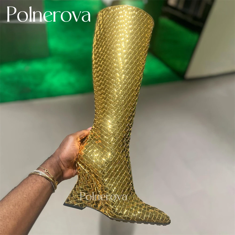 Woven Mirror Gold Leather Knee High Boots Strange Heel Novelty Designer Style Boots Pointed Toe Handmade Boots for Women Custom
Woven Mirror Gold Leather Knee High Boots Strange Heel Novelty Designer Style Boots Pointed Toe Handmade Boots for Women Custom