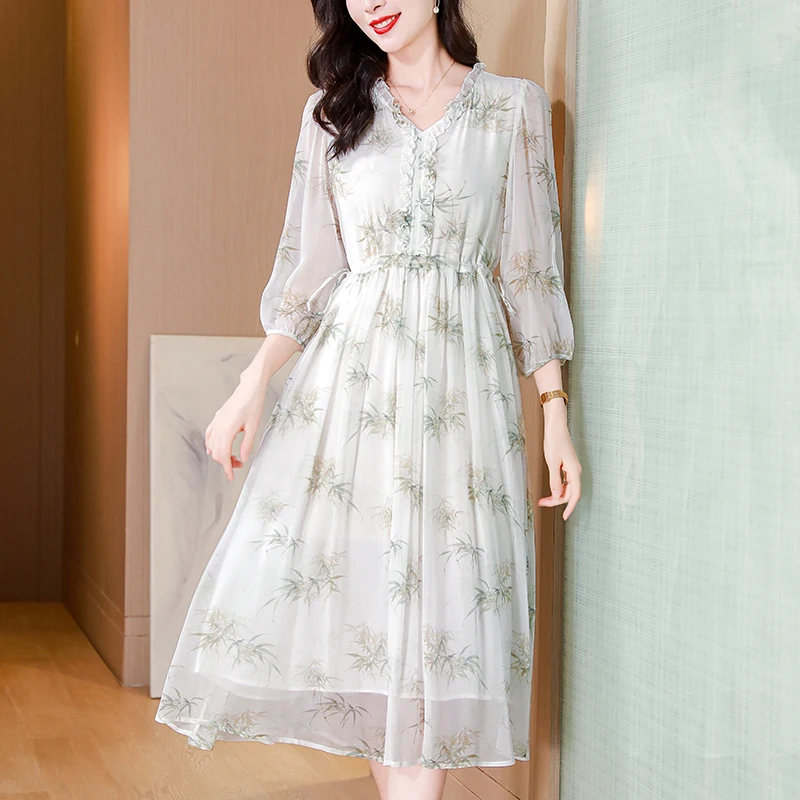 New 100% Real Silk Women's Print Dress Summer Elegant Dresses for Women V-neck Three Quarter Sleeve Vintage Woman Long Dress
New 100% Real Silk Women's Print Dress Summer Elegant Dresses for Women V-neck Three Quarter Sleeve Vintage Woman Long Dress