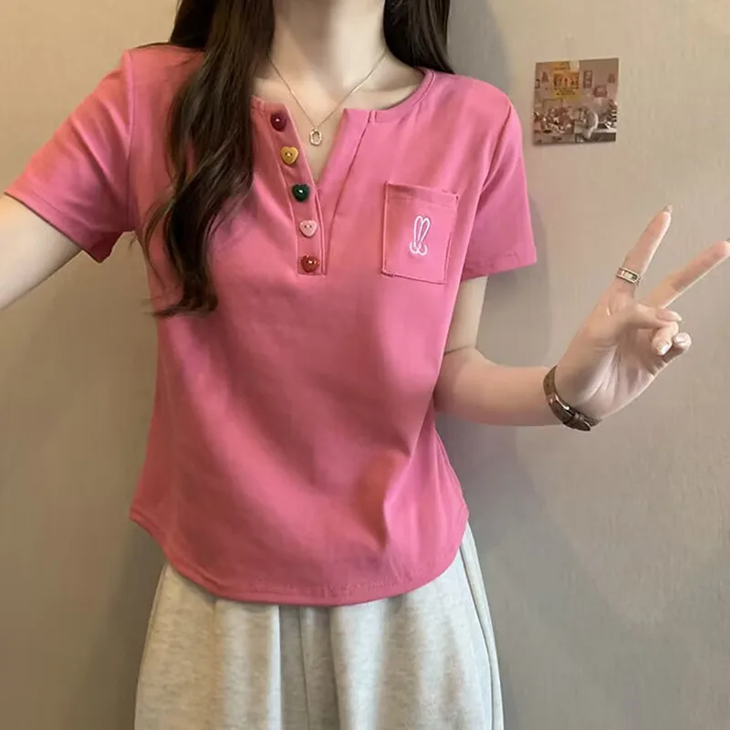 Summer T-shirt Women Korean Short Sleeve V-neck T Shirt Sweet Girls Casual Tee Top Female Loose Short T-shirt
Summer T-shirt Women Korean Short Sleeve V-neck T Shirt Sweet Girls Casual Tee Top Female Loose Short T-shirt