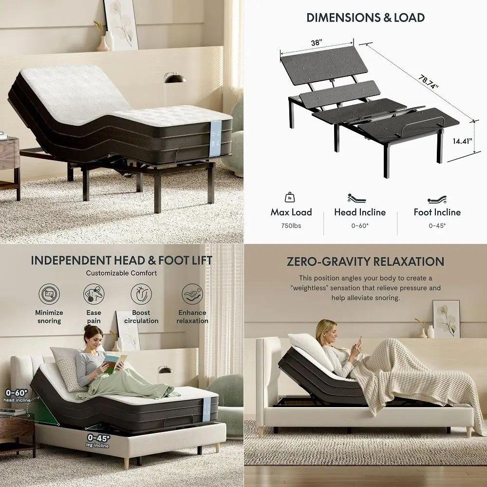 Adjustable Bed Frame Base Twin XL, Head and Foot Incline, Zero Gravity, OneTouch Flat, 2 Memory Settings, Wireless Remote, Flas
Adjustable Bed Frame Base Twin XL, Head and Foot Incline, Zero Gravity, OneTouch Flat, 2 Memory Settings, Wireless Remote, Flas