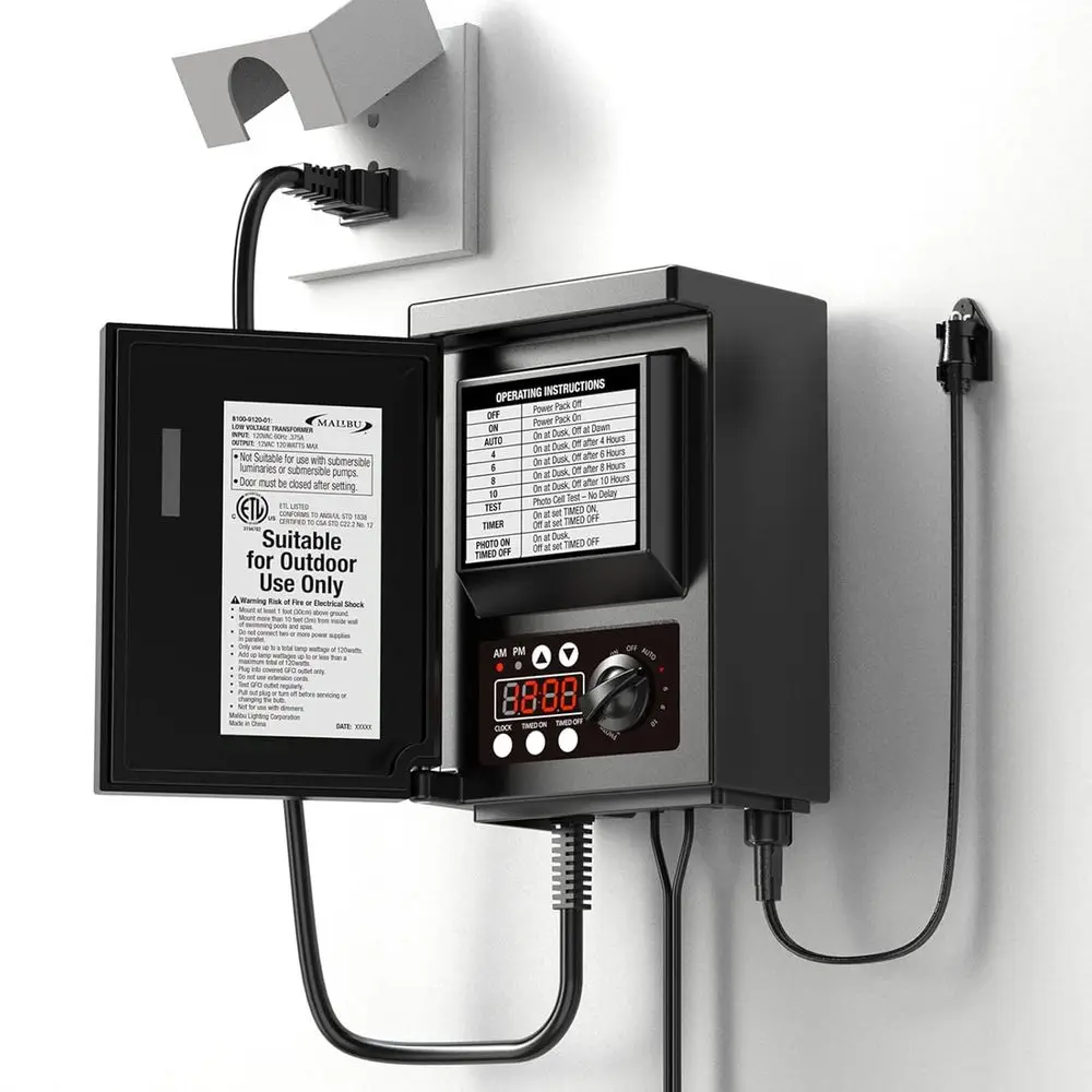 Низковольтный трансформатор 120 Вт для наружного освещения с датчиком фотоклетки, таймером и защитой от атмосферных воздействий или прожектор для освещения дорожек.
Низковольтный трансформатор 120 Вт для наружного освещения с датчиком фотоклетки, таймером и защитой от атмосферных воздействий или прожектор для освещения дорожек.