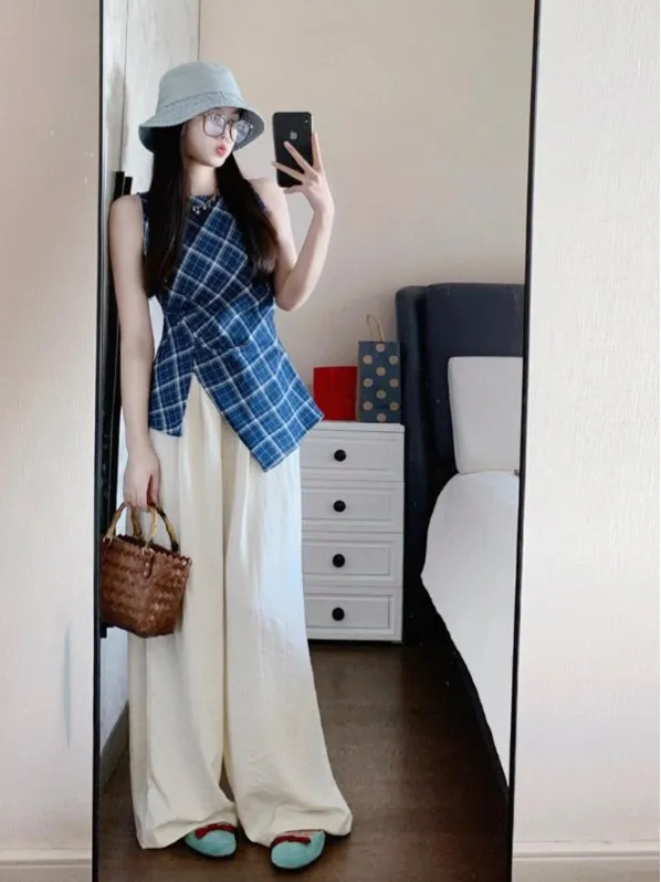 Summer Women's Outfit Korean Style Midi Dress And High Waist Wide Leg Pants Two Piece Set Casual Chic Unusual Sleeveless Plaid
Summer Women's Outfit Korean Style Midi Dress And High Waist Wide Leg Pants Two Piece Set Casual Chic Unusual Sleeveless Plaid