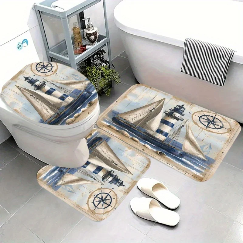3pcs Set of Lighthouse, Sailboat, Compass And Seashell Print Bathroom Rug And Toilet Seat Cover Set, Non-Slip Flannel Bathroom
3pcs Set of Lighthouse, Sailboat, Compass And Seashell Print Bathroom Rug And Toilet Seat Cover Set, Non-Slip Flannel Bathroom