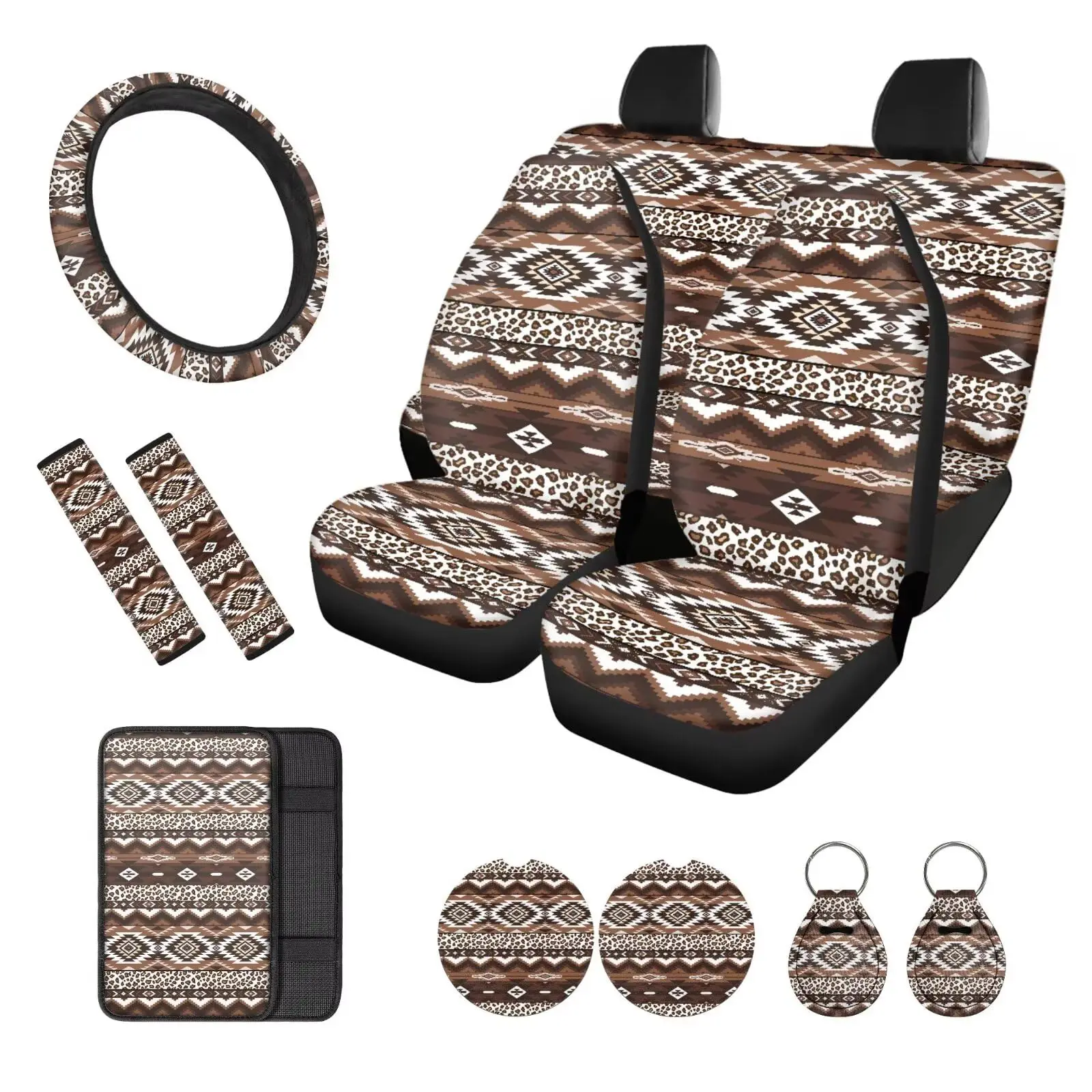 Brown Tribal And Leopard Print Full Car Interior Set: Seat Covers, Steering Wheel Cover, Console Pad, Keychains
Brown Tribal And Leopard Print Full Car Interior Set: Seat Covers, Steering Wheel Cover, Console Pad, Keychains