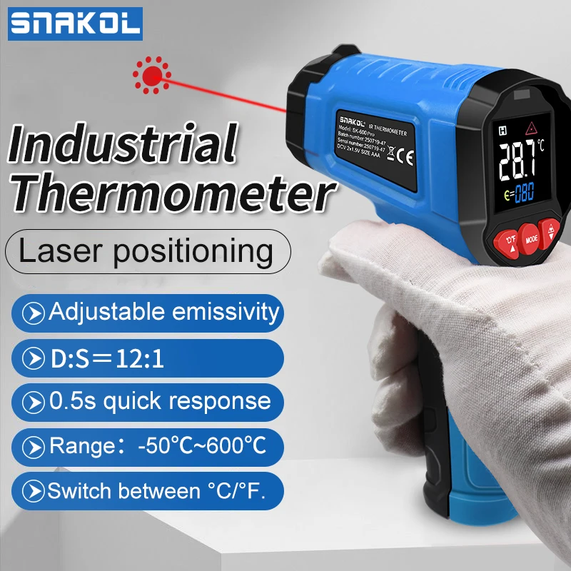 SNAKOL SK-600 Non-Contact Infrared Thermometer Gun, -50~600℃ Digital Laser Temperature Meter, LCD Display Pyrometer Tester
SNAKOL SK-600 Non-Contact Infrared Thermometer Gun, -50~600℃ Digital Laser Temperature Meter, LCD Display Pyrometer Tester