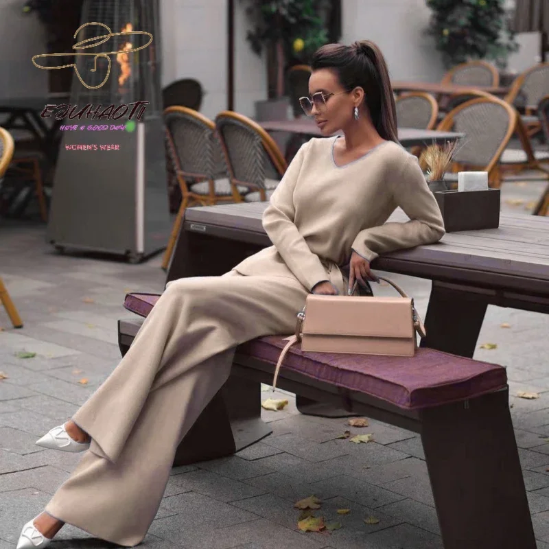 Women's Pant Pullovers Two Piece Sets Girl's England Style V-neck Knitted Sweater Suits Elegant Jumpers Wide Leg Trousers Set
Women's Pant Pullovers Two Piece Sets Girl's England Style V-neck Knitted Sweater Suits Elegant Jumpers Wide Leg Trousers Set