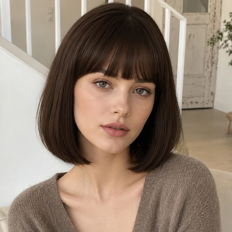 12-inch dark brown straight bob synthetic wig with bangs, suitable for everyday makeup and styling.
12-inch dark brown straight bob synthetic wig with bangs, suitable for everyday makeup and styling.