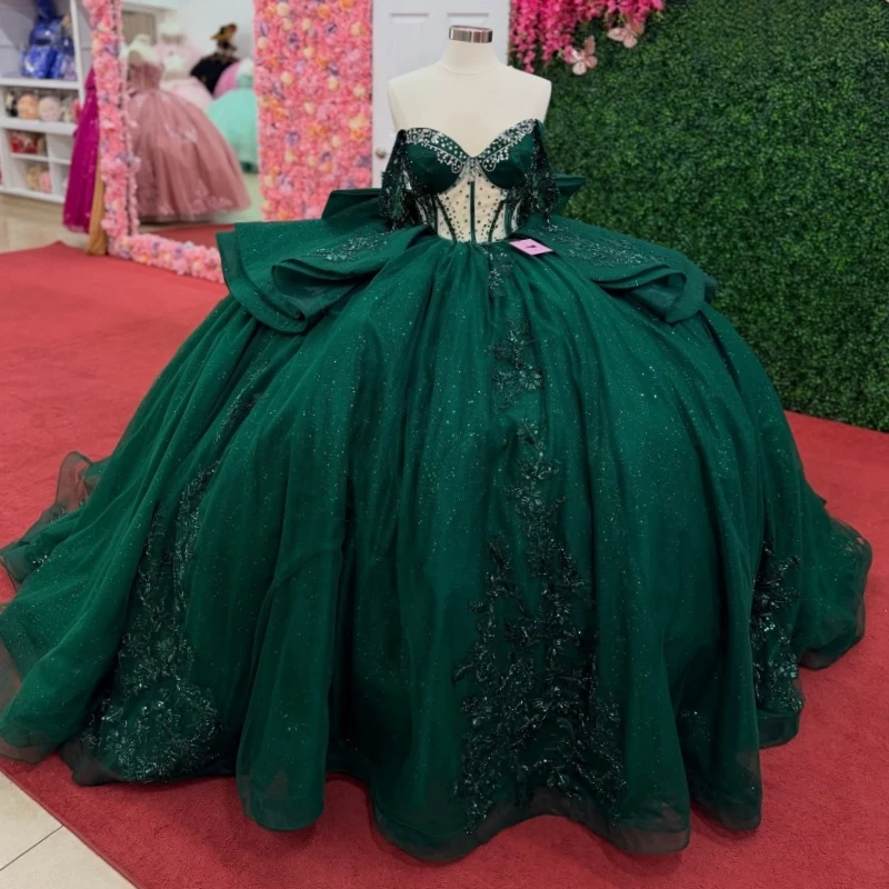 Dark GreenShiny Ball Gown Quinceanera Dresses Applique Lace Beading Crystal Bow Tull Corset Off Shoulder Sweet 16 Dress vestidos
Dark GreenShiny Ball Gown Quinceanera Dresses Applique Lace Beading Crystal Bow Tull Corset Off Shoulder Sweet 16 Dress vestidos