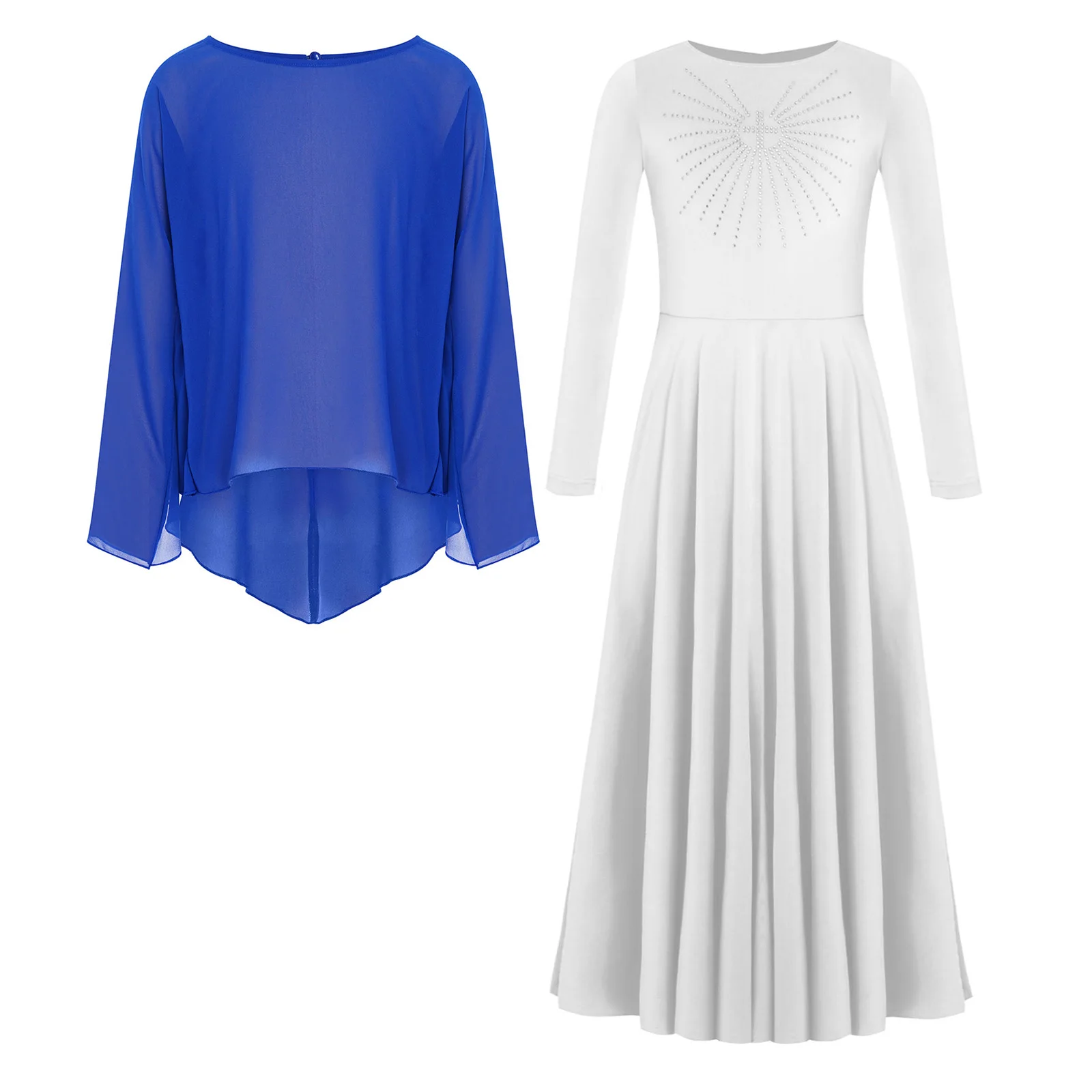 Girls Praise Liturgical Lyrical Dance Outfit Round Neck Long Sleeve Pullover Chiffon Shrugs Top with Maxi Dress Modern Dancewear
Girls Praise Liturgical Lyrical Dance Outfit Round Neck Long Sleeve Pullover Chiffon Shrugs Top with Maxi Dress Modern Dancewear