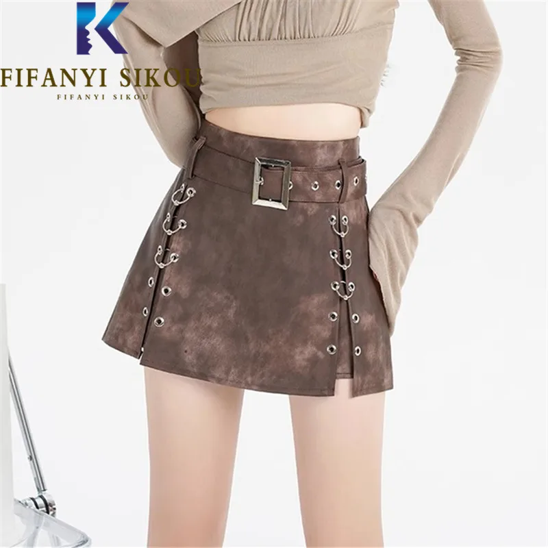 Sexy Leather Skirt Women Rivet Design Fashion Belt Tie Dye Short Skirt Streetwear Autumn A-Line High Waist Skirts Female
Sexy Leather Skirt Women Rivet Design Fashion Belt Tie Dye Short Skirt Streetwear Autumn A-Line High Waist Skirts Female