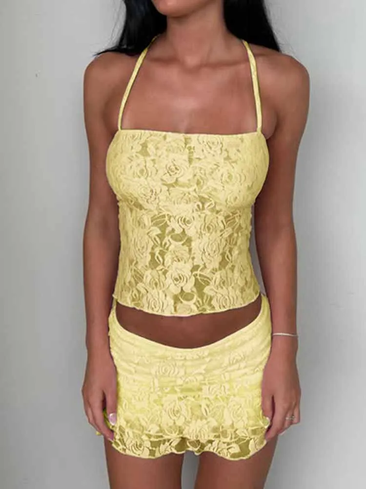 BKQU 2 Piece Set Women Lace Outfits Y2k Sexy Mesh Halter Tie Backless Tank Top Low Waist Ruffle Mini Skirt Suits Party Clubwear
BKQU 2 Piece Set Women Lace Outfits Y2k Sexy Mesh Halter Tie Backless Tank Top Low Waist Ruffle Mini Skirt Suits Party Clubwear