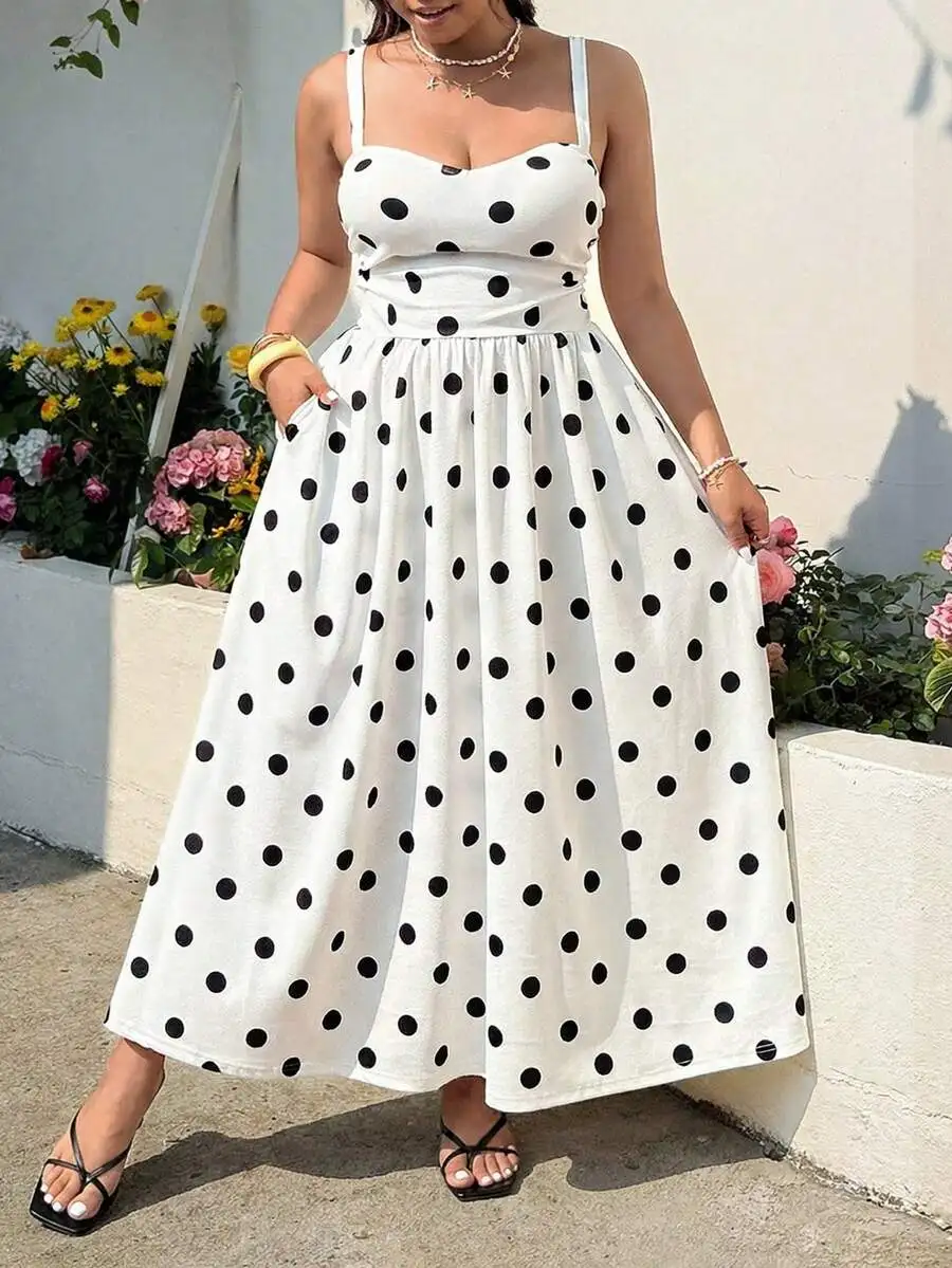 White Polka Dot Midi Dress With Pockets Sleeveless Casual Summer Dress
White Polka Dot Midi Dress With Pockets Sleeveless Casual Summer Dress