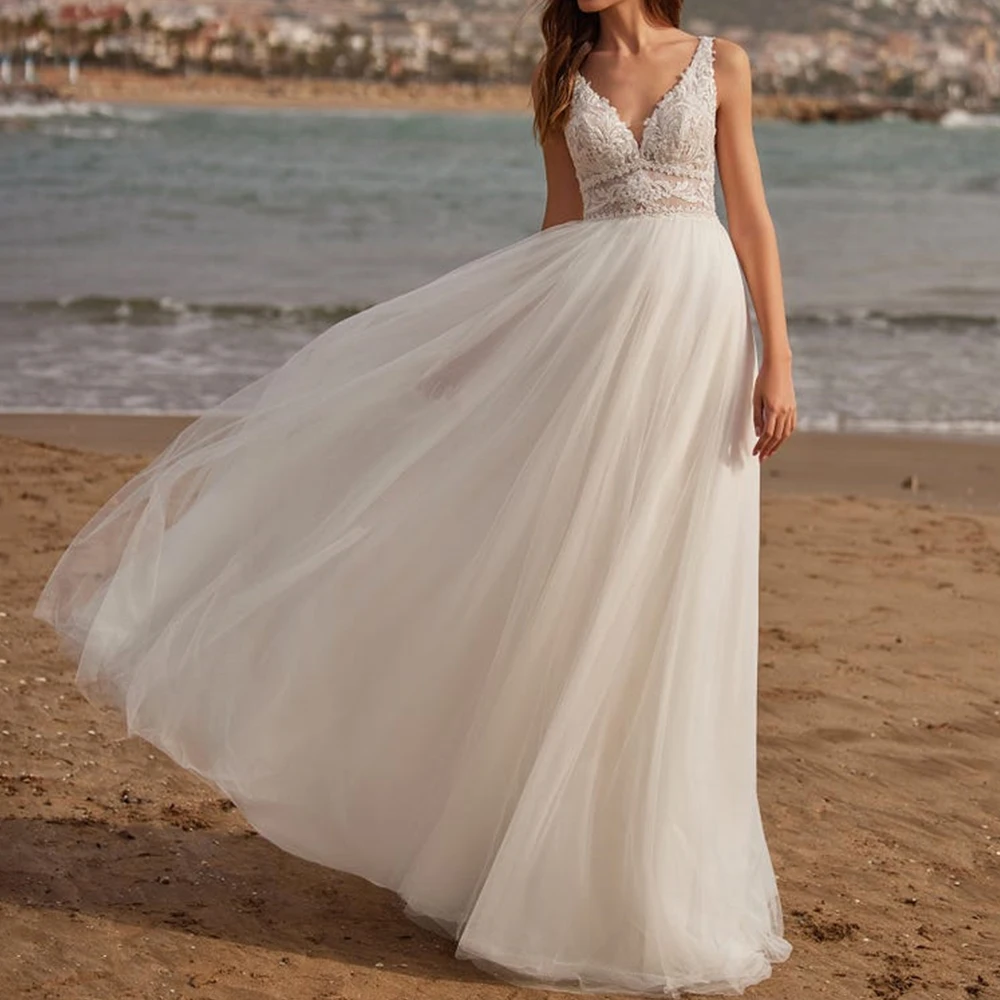 CustomizedFormal Appliques A-Line Sweep Train V-Ncek Vestido De Novia Spaghetti Straps Floor Length White Tulle Sleeveless Weddi
CustomizedFormal Appliques A-Line Sweep Train V-Ncek Vestido De Novia Spaghetti Straps Floor Length White Tulle Sleeveless Weddi