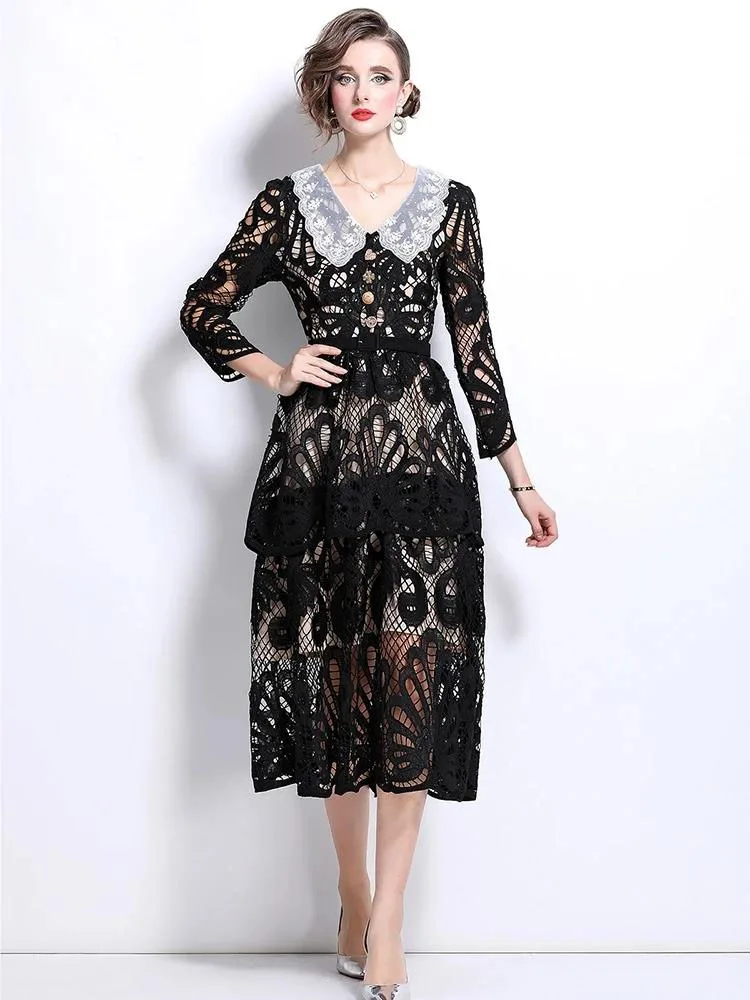 Autumn Crochet Lace Embroidery White Black Cake Dresses Women Long Sleeve V Neck Belt Hollow Out Evening Party Wedding Prom Robe
Autumn Crochet Lace Embroidery White Black Cake Dresses Women Long Sleeve V Neck Belt Hollow Out Evening Party Wedding Prom Robe