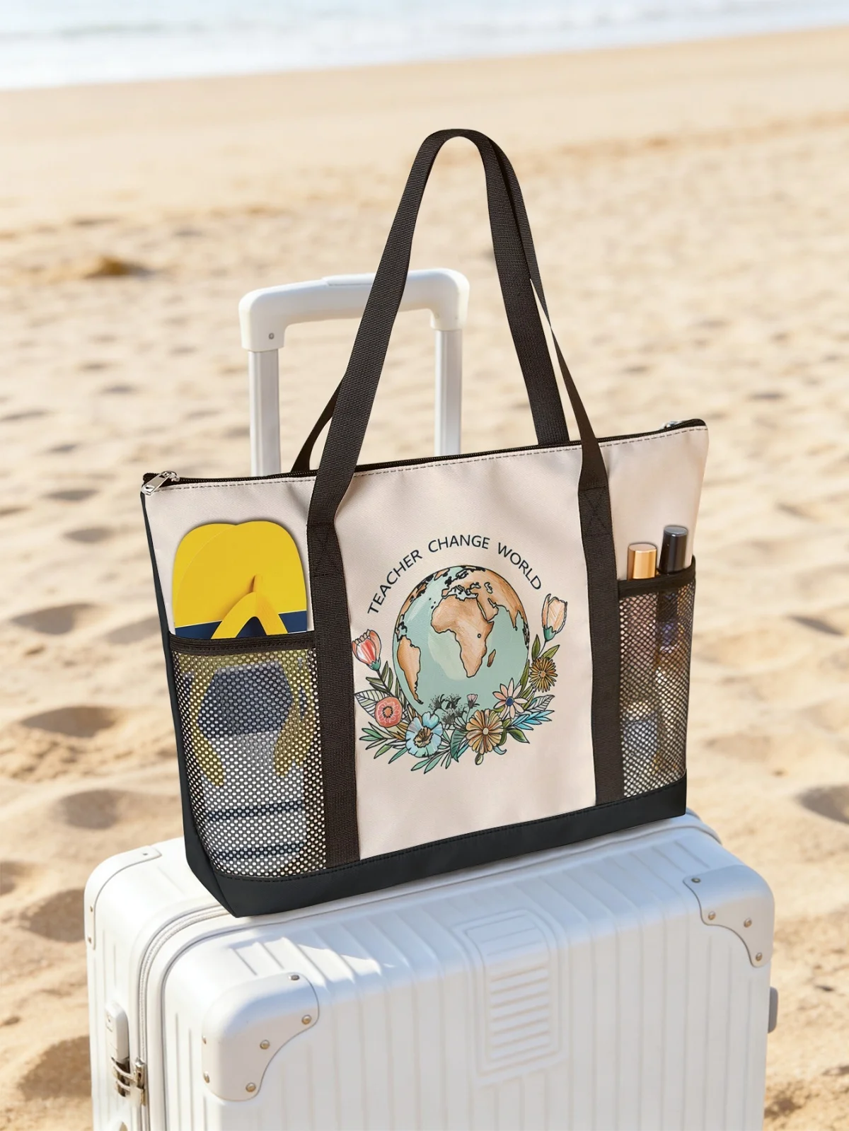 Earth floral printed handbag, large capacity women's beach bag, waterproof travel shoulder bag with mesh pockets
Earth floral printed handbag, large capacity women's beach bag, waterproof travel shoulder bag with mesh pockets