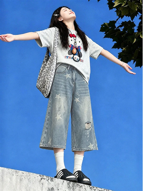 Summer Thin Wide Leg Jeans Women's Loose Straight Cut Short Star Print Casual Cotton Blend Trousers High Waist Zipper Fly
Summer Thin Wide Leg Jeans Women's Loose Straight Cut Short Star Print Casual Cotton Blend Trousers High Waist Zipper Fly