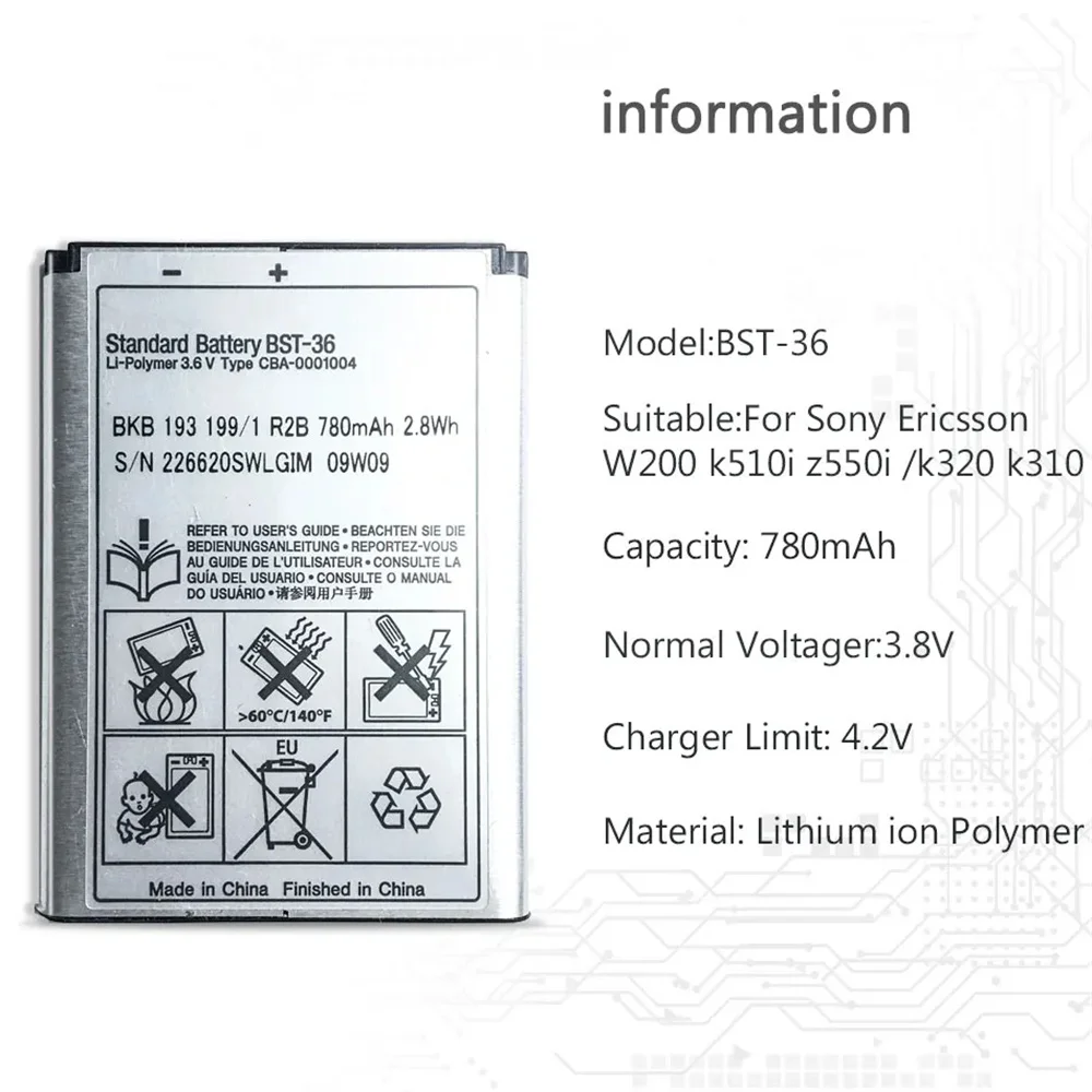Replacement Battery 780mAh for Sony Ericsson BST-36 K510c Z550c Z558c W200i W200c Mobile Phones Battery
Replacement Battery 780mAh for Sony Ericsson BST-36 K510c Z550c Z558c W200i W200c Mobile Phones Battery