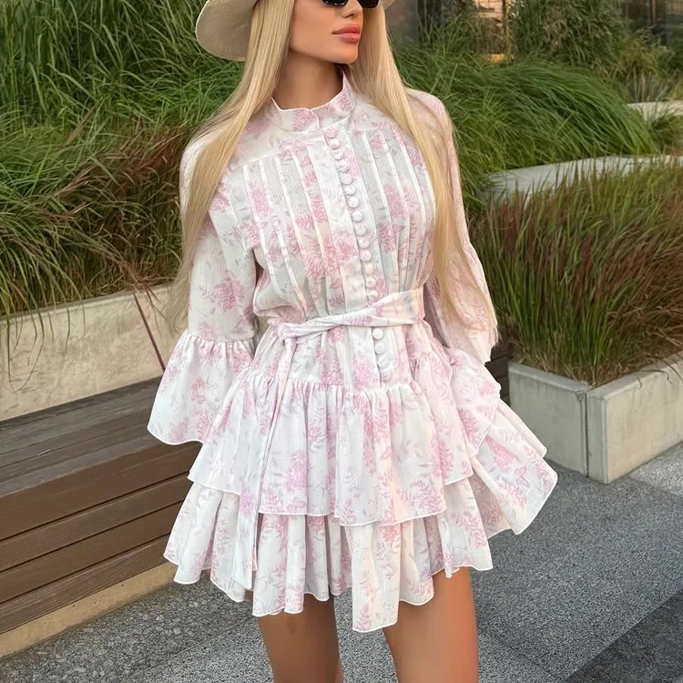 Women's Printed Elegant Dress with Mandarin Collar, Flared Sleeves, Single-breasted Design and Waist Tie, A-line Skirt
Women's Printed Elegant Dress with Mandarin Collar, Flared Sleeves, Single-breasted Design and Waist Tie, A-line Skirt