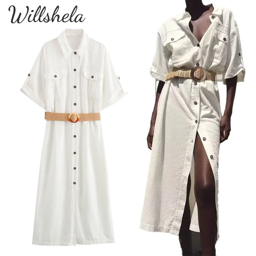 Willshela Women Fashion White Cotton linen Shirt Dress High Waist with Belt Short Sleeves Female Chic Lady Casual Long Vestidos
Willshela Women Fashion White Cotton linen Shirt Dress High Waist with Belt Short Sleeves Female Chic Lady Casual Long Vestidos