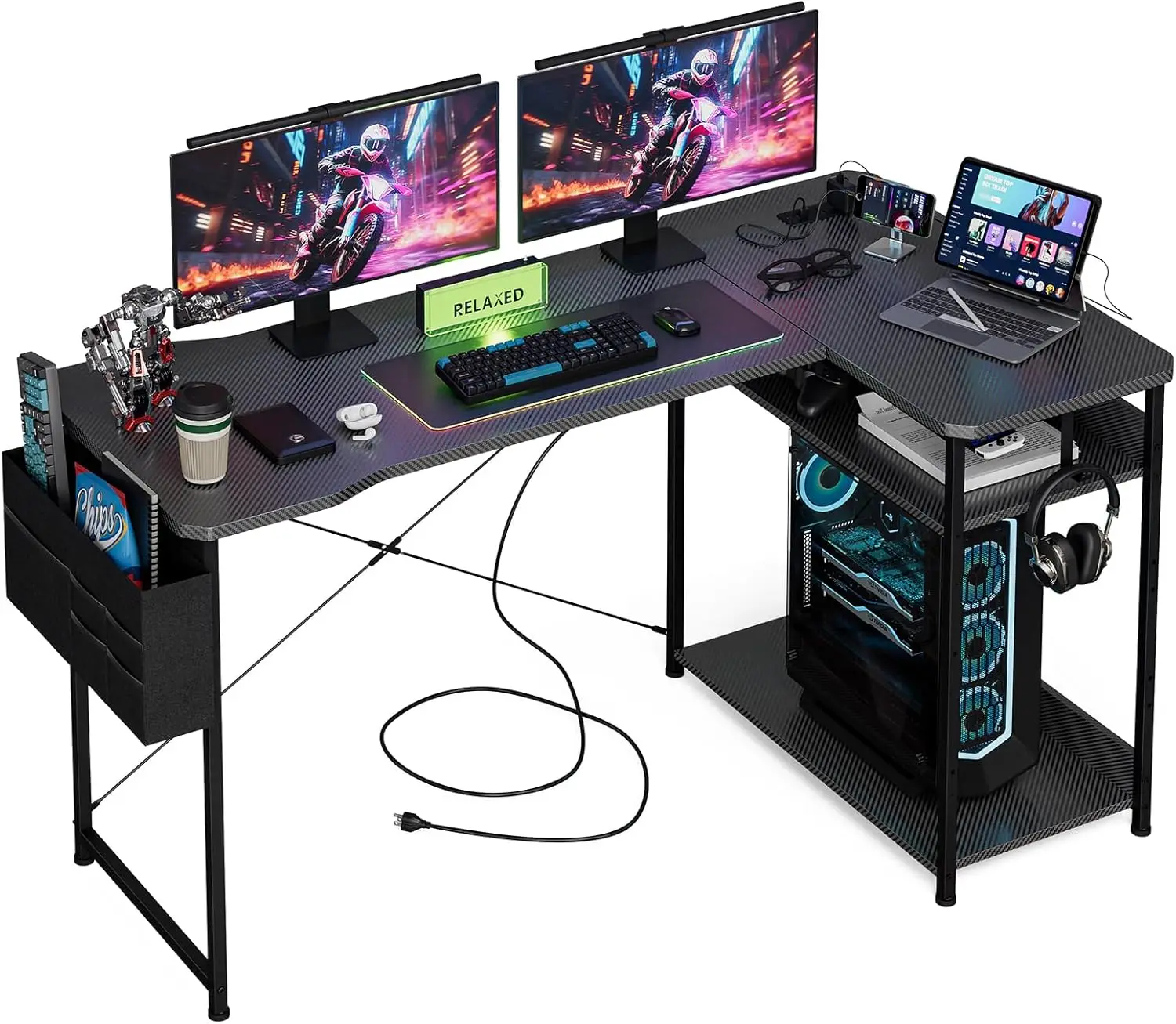 L Shaped Gaming Desk 55 Inch with Power Outlets, Corner Computer Desk for Home Office, Reversible Shelves & Storage Bag, Black
L Shaped Gaming Desk 55 Inch with Power Outlets, Corner Computer Desk for Home Office, Reversible Shelves & Storage Bag, Black