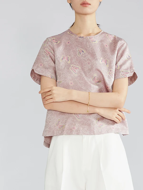 100% Mulberry Silk Chinese Style Woman Clothing Double Sided Colorful Jacquard Round Neck Top Short sleeved Loose Fit T-shirt
100% Mulberry Silk Chinese Style Woman Clothing Double Sided Colorful Jacquard Round Neck Top Short sleeved Loose Fit T-shirt
