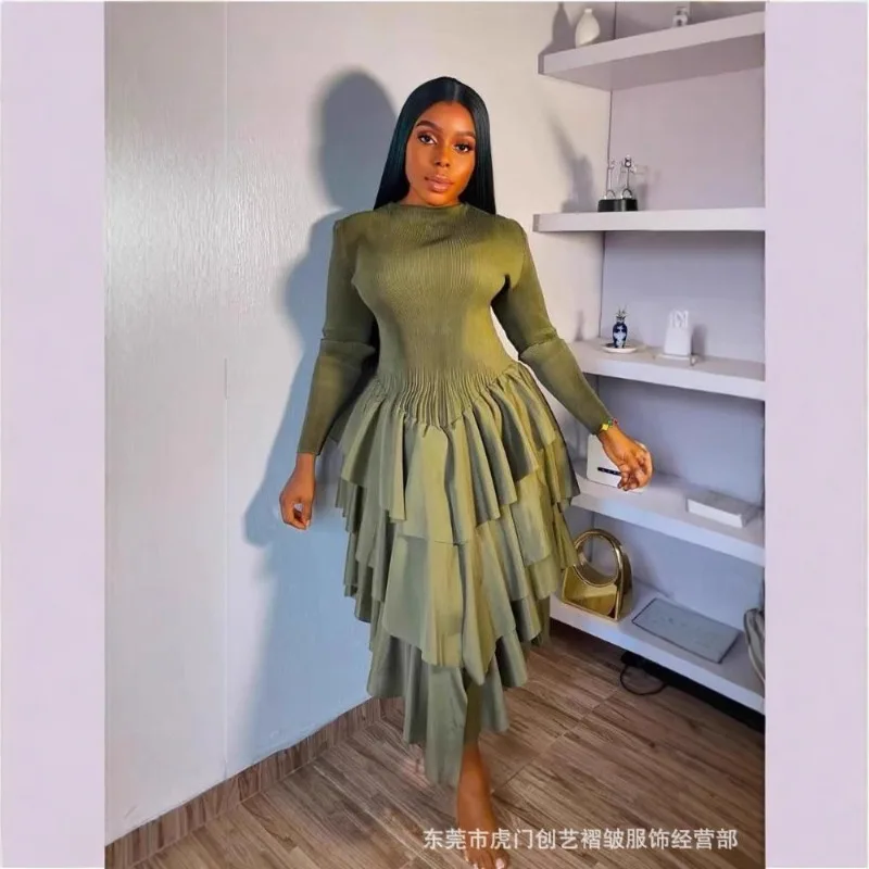 Miyake Pleated Long Sleeved Dress Solid Color Slim Fit Ruffle Edge Cake Skirt Plus Size Fashionable Maxi Dresses for Women
Miyake Pleated Long Sleeved Dress Solid Color Slim Fit Ruffle Edge Cake Skirt Plus Size Fashionable Maxi Dresses for Women