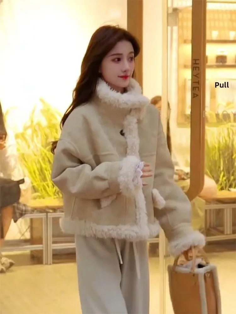 Корейская женская куртка из меха ягненка в стиле ретро, зимняя теплая свободная универсальная верхняя часть из овчины, кожаный мех, интегрированная одежда для поездок на работу, ort...