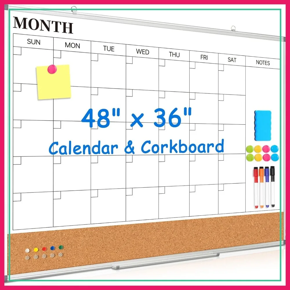 Large 48" x 36" Double-Sided Dry Erase Calendar Whiteboard with Cork Board, Aluminum Frame for Office, Home, School
Large 48" x 36" Double-Sided Dry Erase Calendar Whiteboard with Cork Board, Aluminum Frame for Office, Home, School