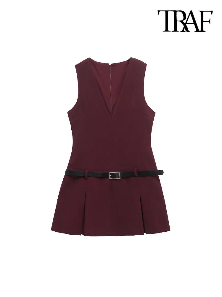 TRZA Women's Sleeveless Pleated Mini Dress V-Neck Back Zipper Belted Chic Fashion Female Dresses Mujer
TRZA Women's Sleeveless Pleated Mini Dress V-Neck Back Zipper Belted Chic Fashion Female Dresses Mujer