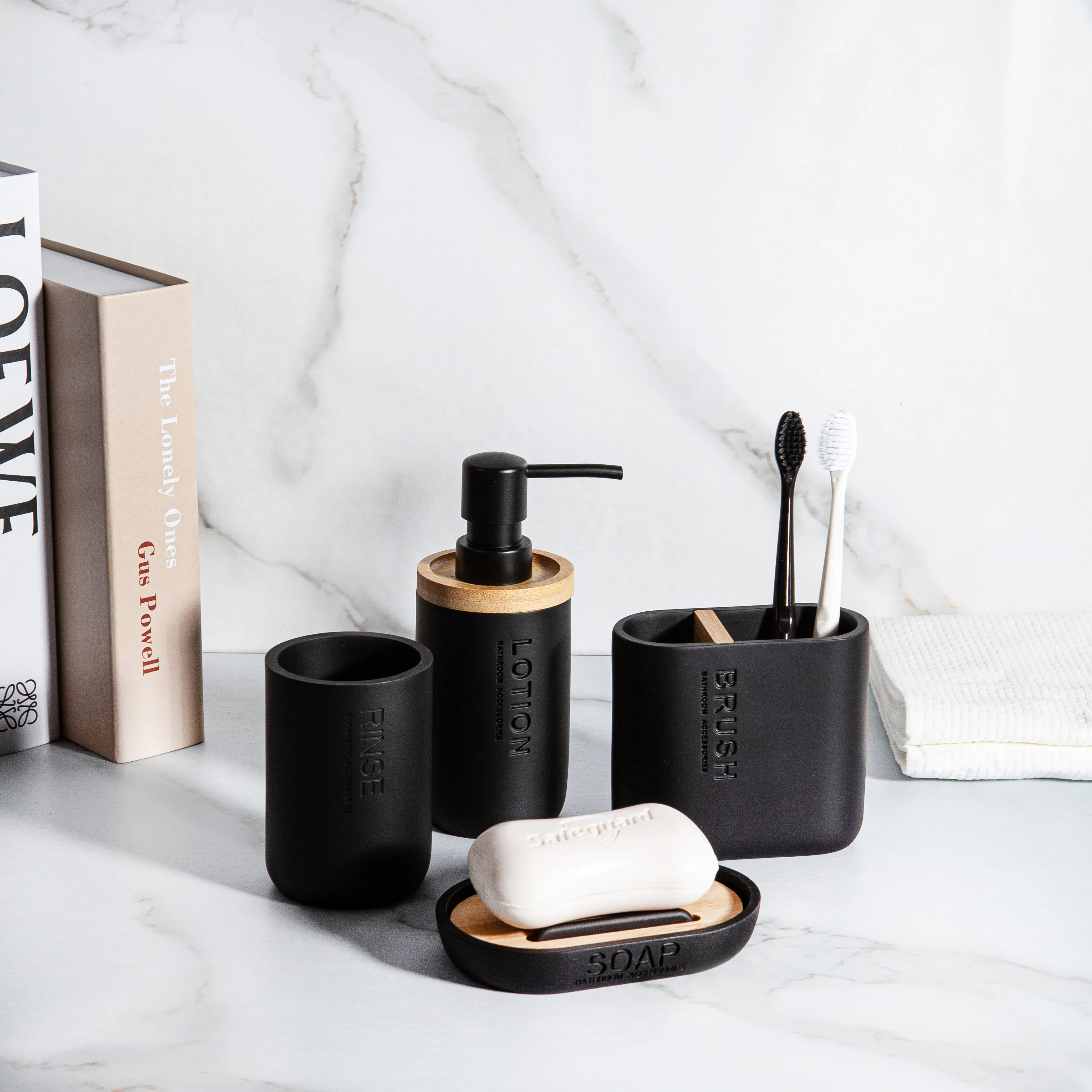 Black Simple Bamboo and Resin Combination Bathroom set Soap Dispenser Mouth Cup Toothbrush Holder Soap Dish Bathroom Wash set
Black Simple Bamboo and Resin Combination Bathroom set Soap Dispenser Mouth Cup Toothbrush Holder Soap Dish Bathroom Wash set