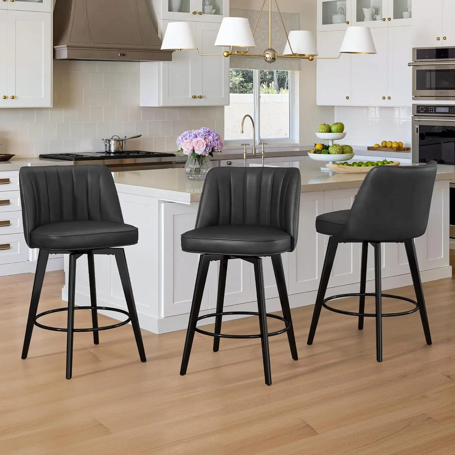 360° Swivel Leather Bar Stools Set of 3, 26" Counter Height Barstools with Backs and Metal Legs, Modern Upholstered Bar Chai
360° Swivel Leather Bar Stools Set of 3, 26" Counter Height Barstools with Backs and Metal Legs, Modern Upholstered Bar Chai