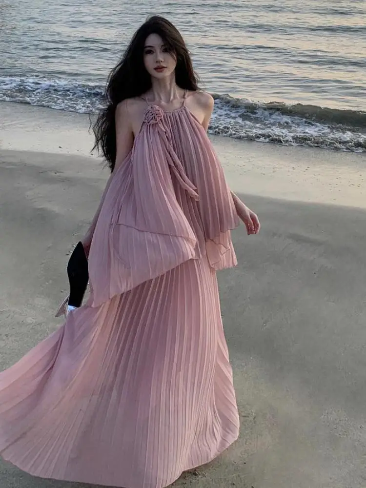 Summer Women Pink Off Shoulder Floral Decoration Backless Slip Tops + High Waisted Pleated Long Skirt New Vacation Two Piece Set
Summer Women Pink Off Shoulder Floral Decoration Backless Slip Tops + High Waisted Pleated Long Skirt New Vacation Two Piece Set