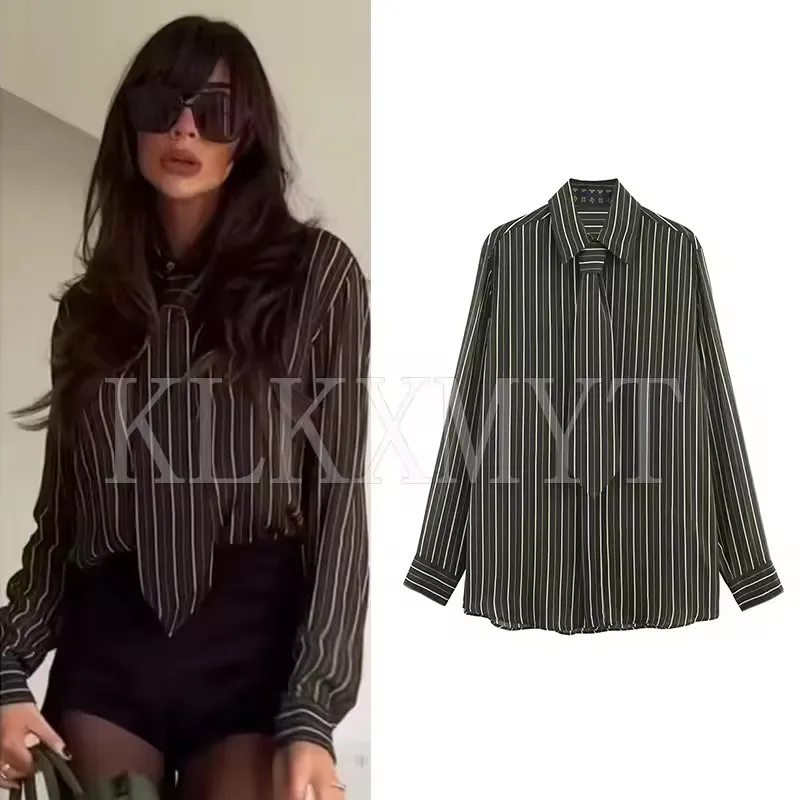 Women's Shirt Fall 2025 New Striped Long Sleeve Loose Version Boyfriend Style Shirts Tie Decoration Casual Simplicity Fashion
Women's Shirt Fall 2025 New Striped Long Sleeve Loose Version Boyfriend Style Shirts Tie Decoration Casual Simplicity Fashion 