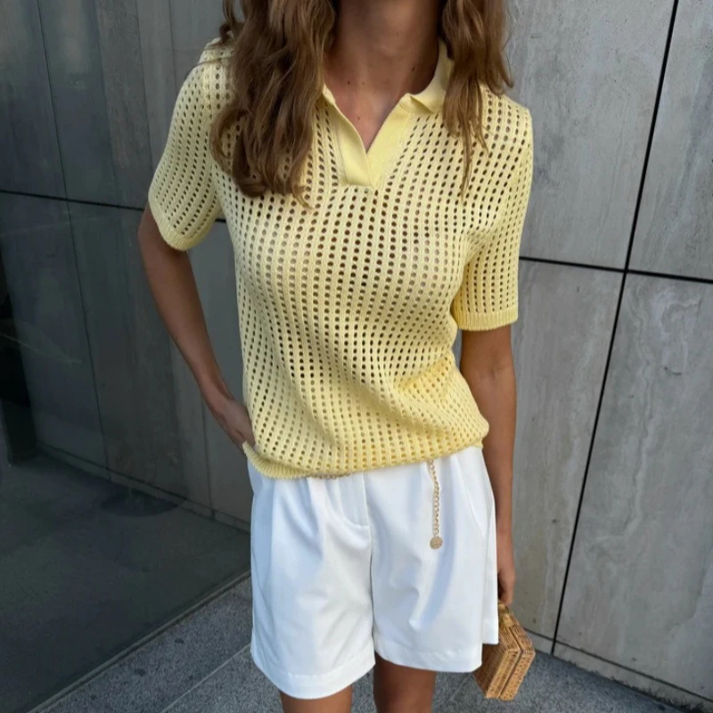 Tsiisd Knit Casual Hollow Out T-Shirt Top Women Polo Collar Commute Summer Daily Streetwear Fashion Pullover 2026 Y2k Top Female
Tsiisd Knit Casual Hollow Out T-Shirt Top Women Polo Collar Commute Summer Daily Streetwear Fashion Pullover 2026 Y2k Top Female