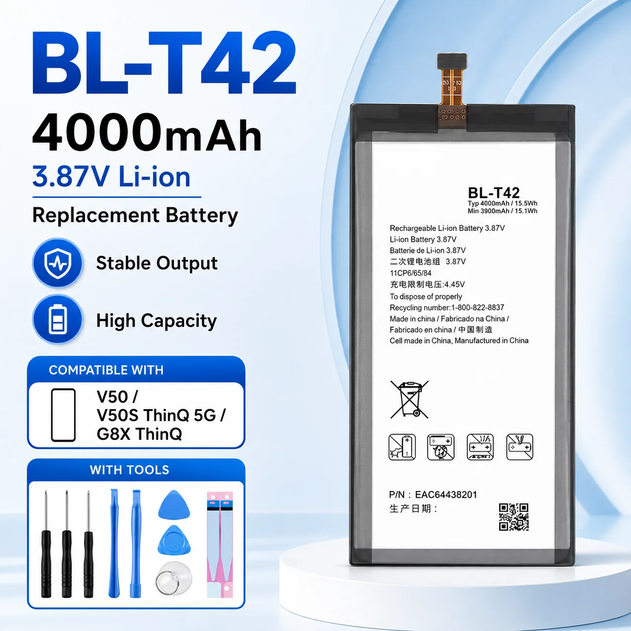1PC BL-T37 3300mAh Replacement Battery for LG V40 ThinQ Q710 Q8 2018 Q815L Q Stylus Q710MS Q710CS with Basic Repair Tools
1PC BL-T37 3300mAh Replacement Battery for LG V40 ThinQ Q710 Q8 2018 Q815L Q Stylus Q710MS Q710CS with Basic Repair Tools