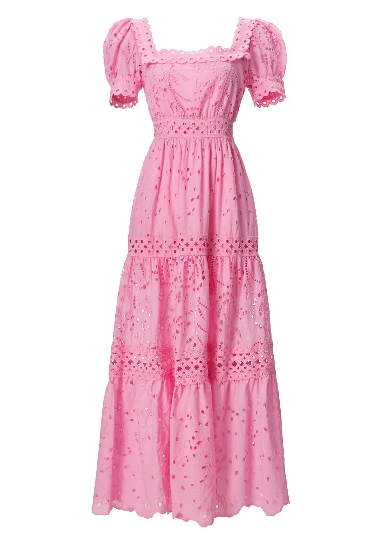 New 2024 Spring Summer Long Dress High Quality Women Sexy Square Collar Hollow Out Embroidery Short Sleeve White Pink Maxi Dress
New 2024 Spring Summer Long Dress High Quality Women Sexy Square Collar Hollow Out Embroidery Short Sleeve White Pink Maxi Dress