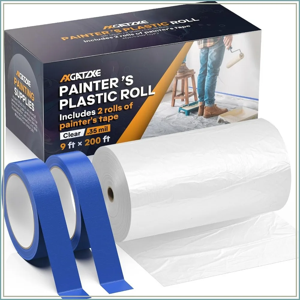 9ft x 200ft Plastic Drop Cloth, .35 Mil, with 2 Rolls Painter's Tape, Disposable
9ft x 200ft Plastic Drop Cloth, .35 Mil, with 2 Rolls Painter's Tape, Disposable