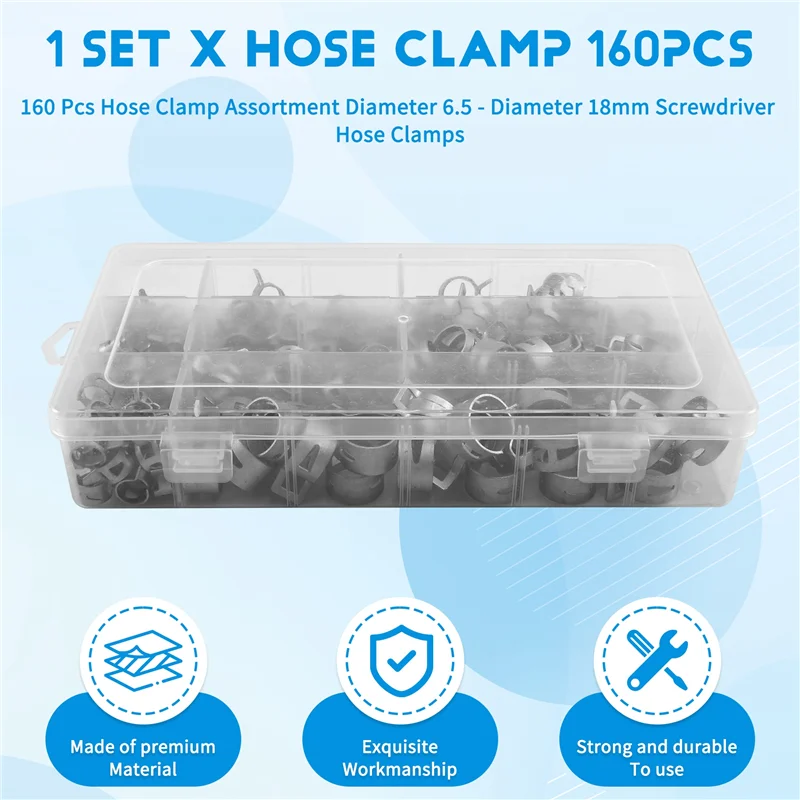 Hose Clamps Variety Pack: 160-Piece Set, Sizes 6.5 To 18Mm With Screwdriver Included
Hose Clamps Variety Pack: 160-Piece Set, Sizes 6.5 To 18Mm With Screwdriver Included