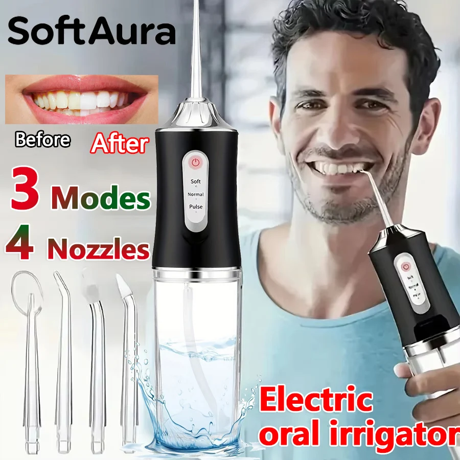 SoftAura USB Charging Oral Irrigator Water Flosser 3 Modes 4 Nozzles Dental Sprayer for Teeth Cleaning Home Travel
SoftAura USB Charging Oral Irrigator Water Flosser 3 Modes 4 Nozzles Dental Sprayer for Teeth Cleaning Home Travel