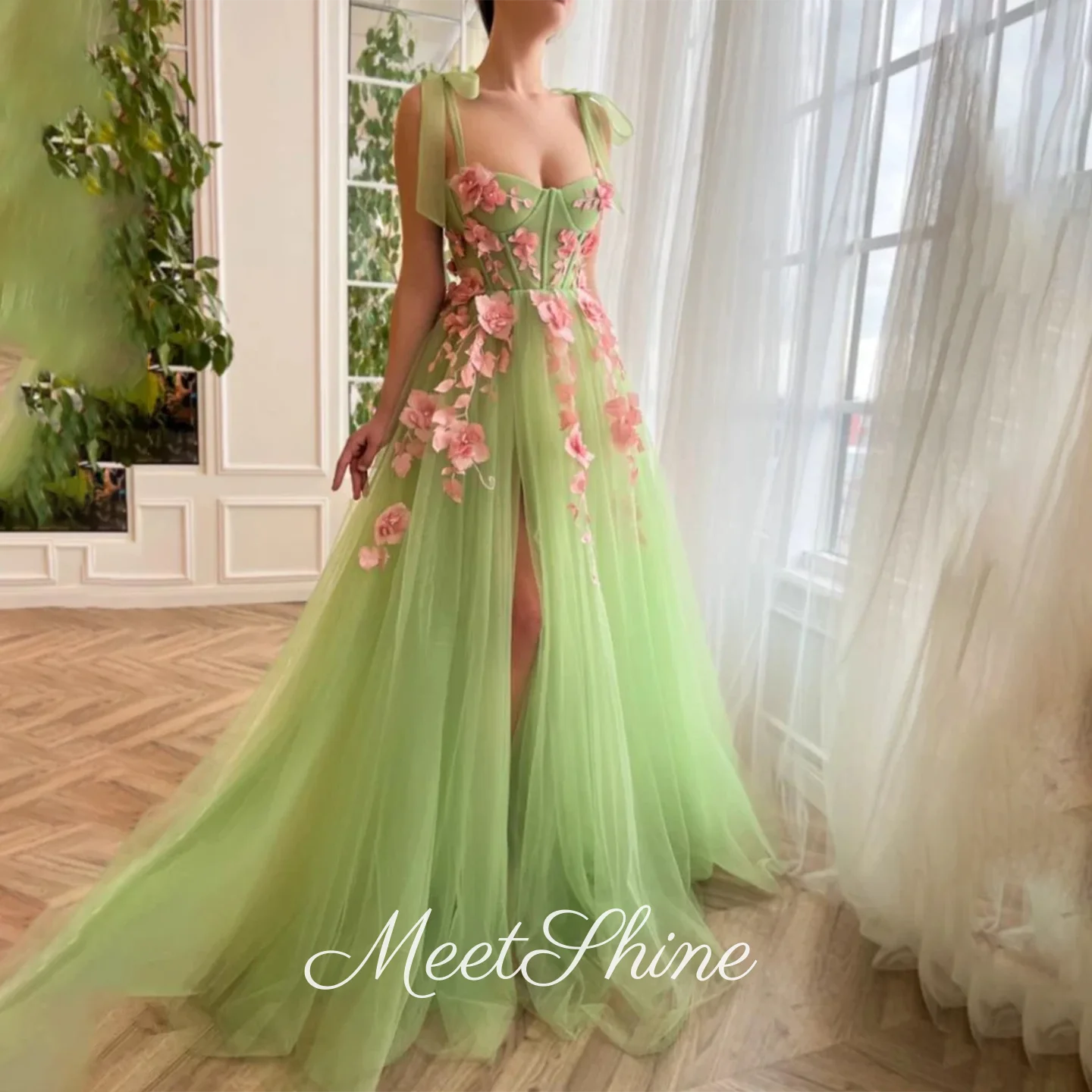 Romantic 3D Flowers Sweetheart Green A-Line Evening Dresses Elegant Side Slit Tulle Sleeveless Gown Prom Dresses Customized
Romantic 3D Flowers Sweetheart Green A-Line Evening Dresses Elegant Side Slit Tulle Sleeveless Gown Prom Dresses Customized