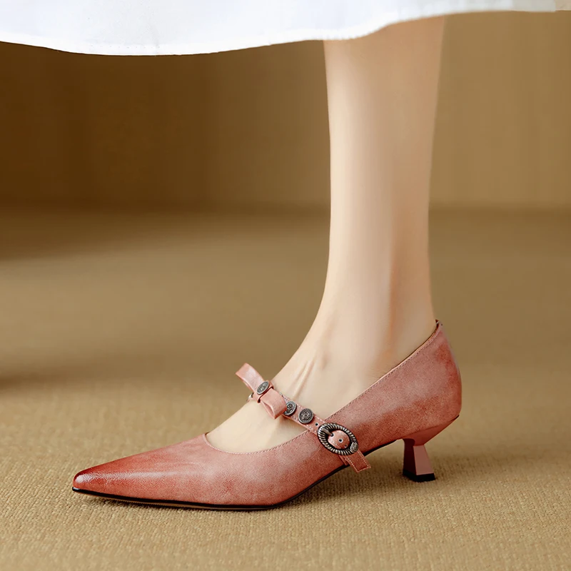 Genuine Leather Retro Pink Mary Jane Pumps Pointed Toe Mid Heel Stiletto Shallow Cut Dressy Shoes for Women
Genuine Leather Retro Pink Mary Jane Pumps Pointed Toe Mid Heel Stiletto Shallow Cut Dressy Shoes for Women