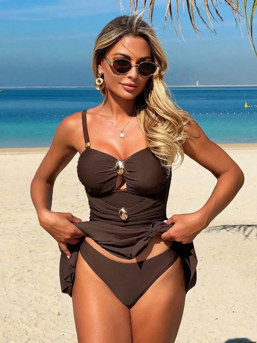 Brown Solid One Piece Swimsuit With Metal Decor Camisole Style Beach Swimdress For Women
Brown Solid One Piece Swimsuit With Metal Decor Camisole Style Beach Swimdress For Women
