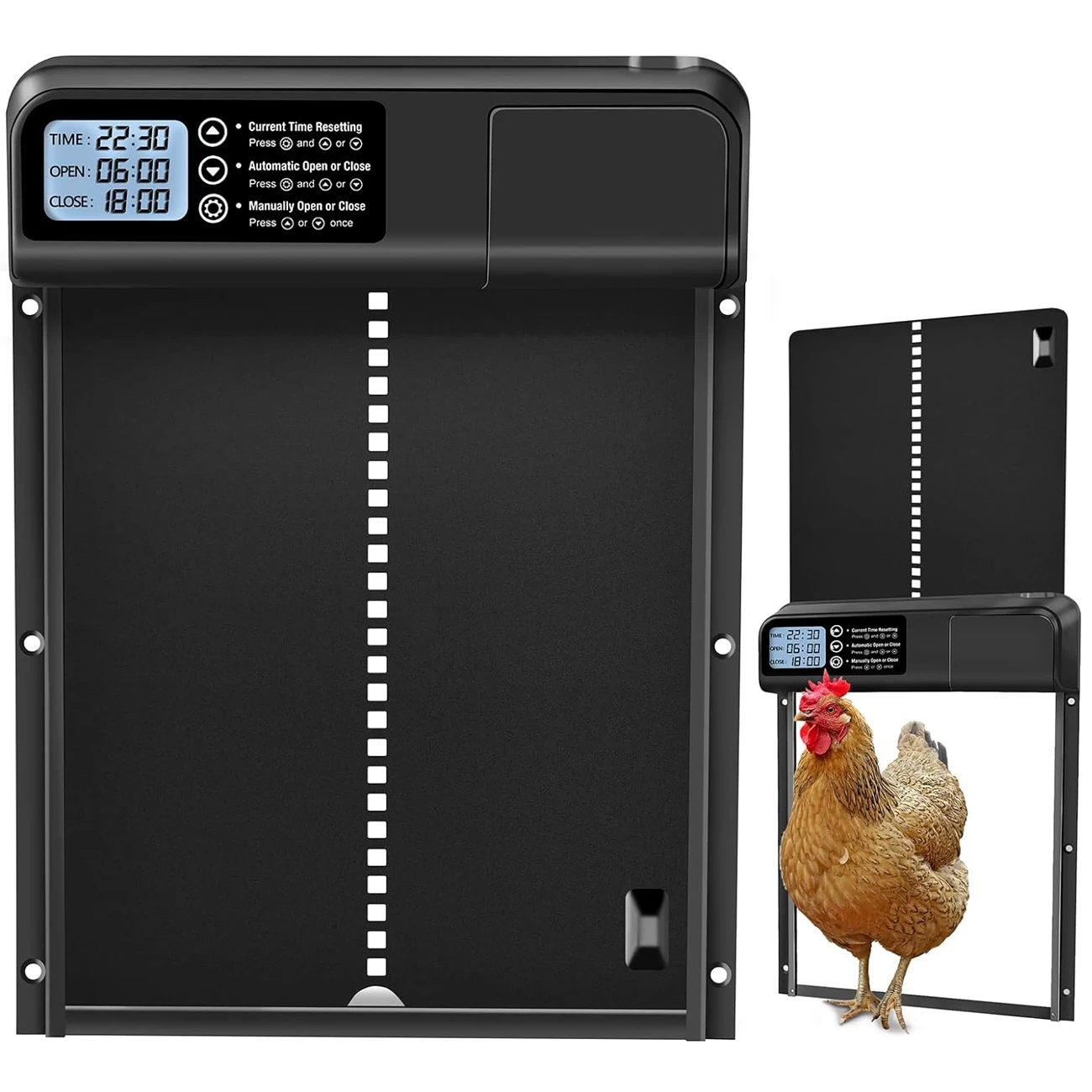 Fully automatic chicken coop door, aluminum body, battery powered, LCD display timer, with anti pinch function
Fully automatic chicken coop door, aluminum body, battery powered, LCD display timer, with anti pinch function