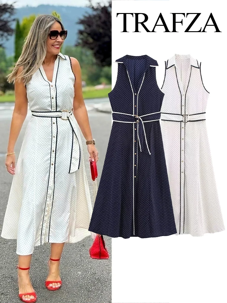 TRAFZA Woman Summer Fashion Single-breasted Polka Dot Sleeveless Dress Female Elegant Sexy Shirt Style Chart 2-Color Midi Dress
TRAFZA Woman Summer Fashion Single-breasted Polka Dot Sleeveless Dress Female Elegant Sexy Shirt Style Chart 2-Color Midi Dress