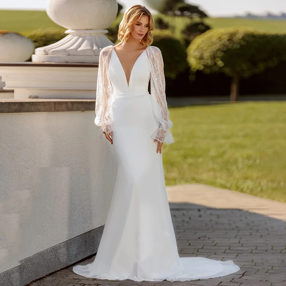 Elegant Mermaid Wedding Dresses V Neck Customized Full Sleeve Bride Gown With Lace Applique A-Line Court Train Summer New
Elegant Mermaid Wedding Dresses V Neck Customized Full Sleeve Bride Gown With Lace Applique A-Line Court Train Summer New